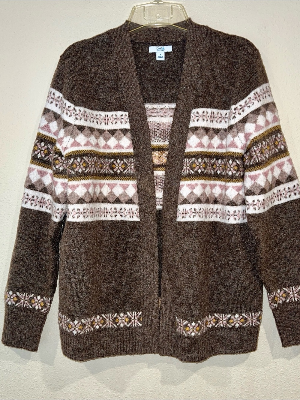 Croft & Barrow open-front cardigan Fair Isle geometric knit graphic sweater sz M